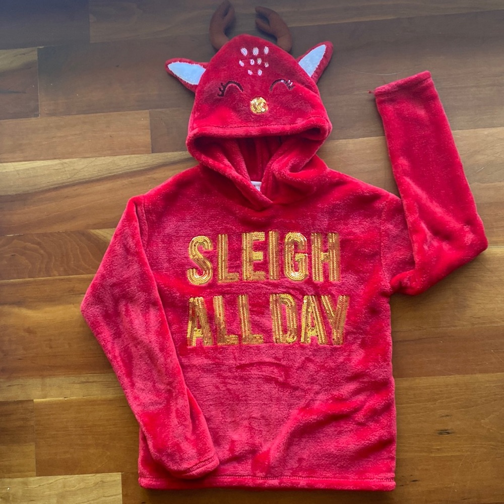 So Christmas Sweatshirt Hoodie L(10-12) Fleece Faux Fur Red Reindeer Ears